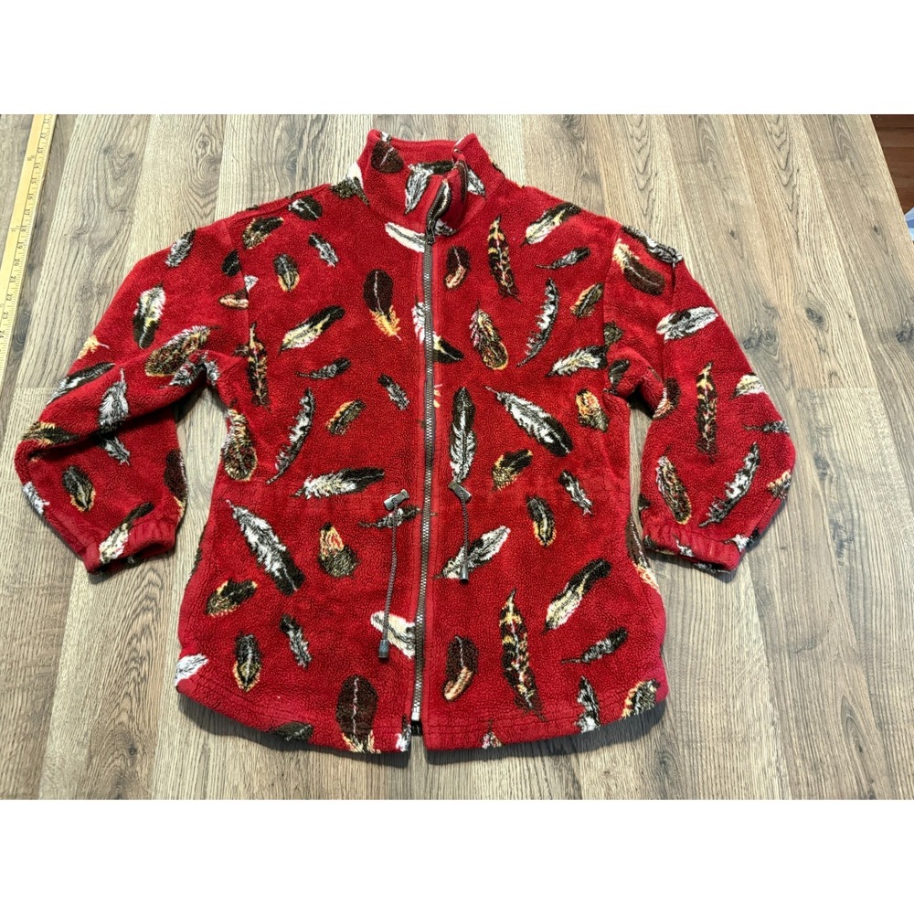 Indigenous Tsunami Sweater Women's Size Medium Red Fleece Zip Feathers